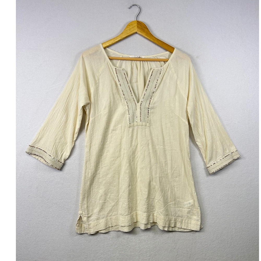 Athleta Cream V-Neck Tunic Top Beaded Trim 3/4 Sleeve Women's Size S‎